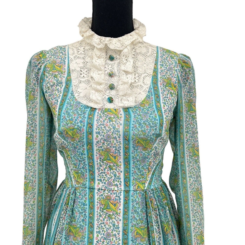 Vintage 60's Blue Pink Floral Print White Lace Prairie Boho Maxi Dress Small - Picture 5 of 12